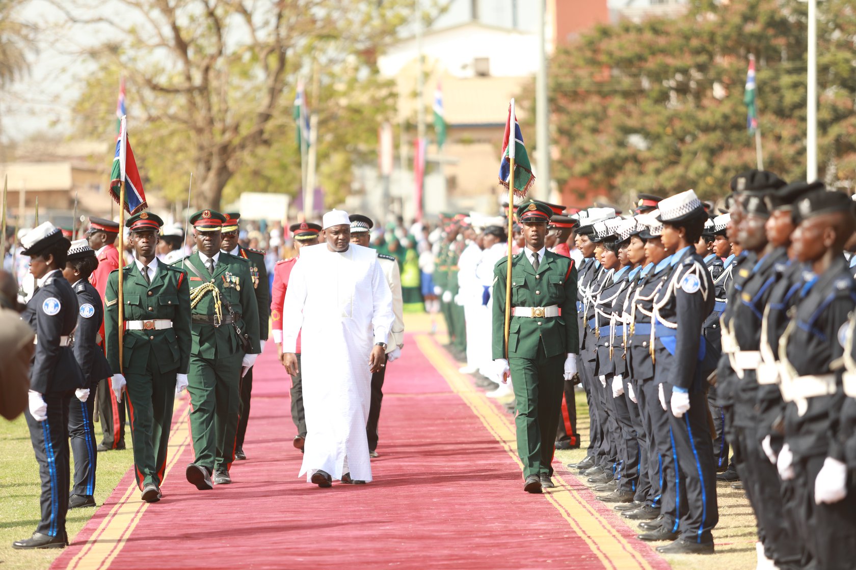 President Barrow inspecting the Guard of Honour mounted by the Armed and security forces during The Gambia's 54th Independence Anniversary Celebration at the McCarthy Square 
