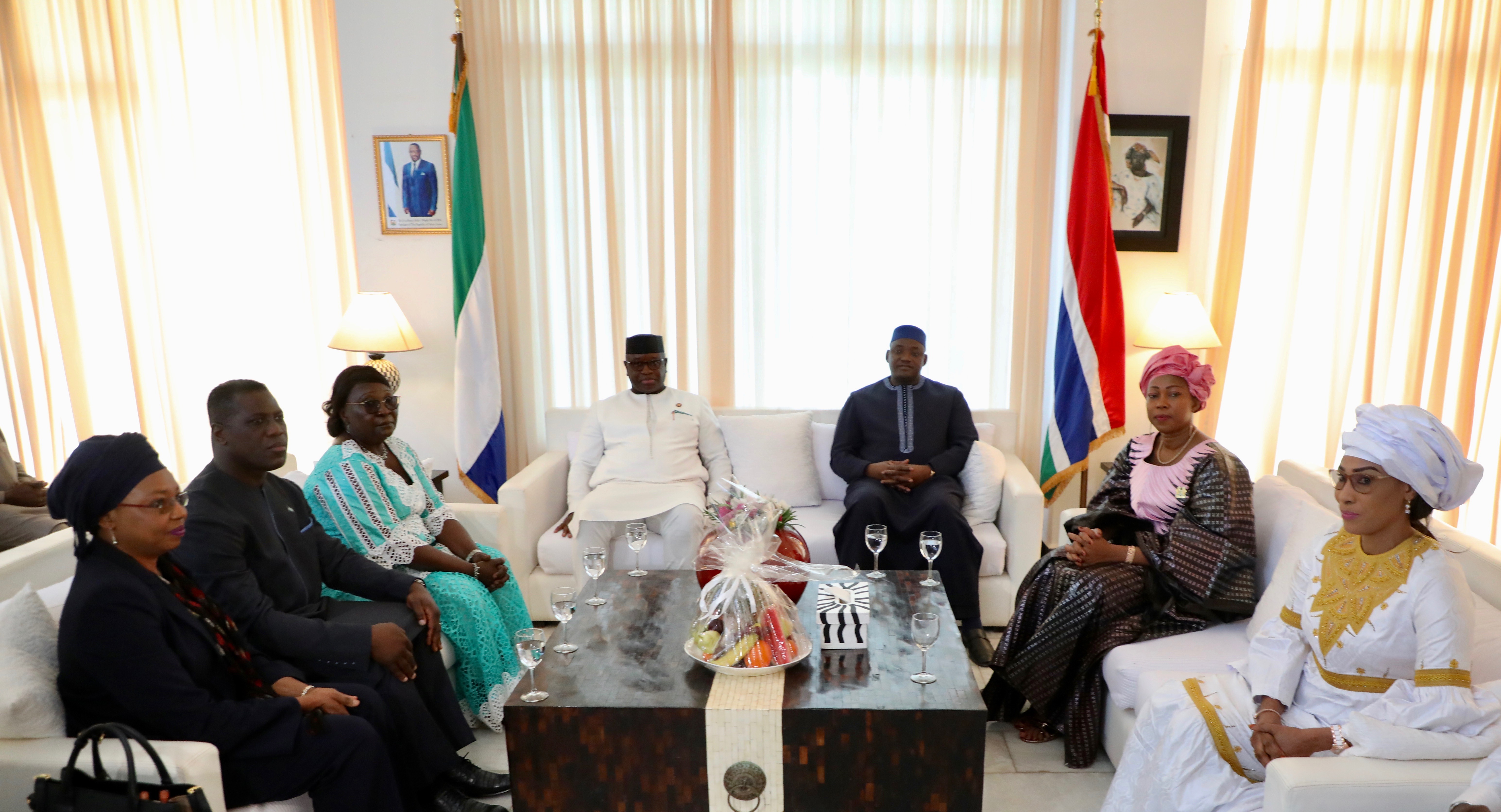 President Barrow and First Lady welcome Sierra Leonean First Family, their Excellencies Julius Maada Bio and Madam Fatima Bio for a 3-day visit to Banjul