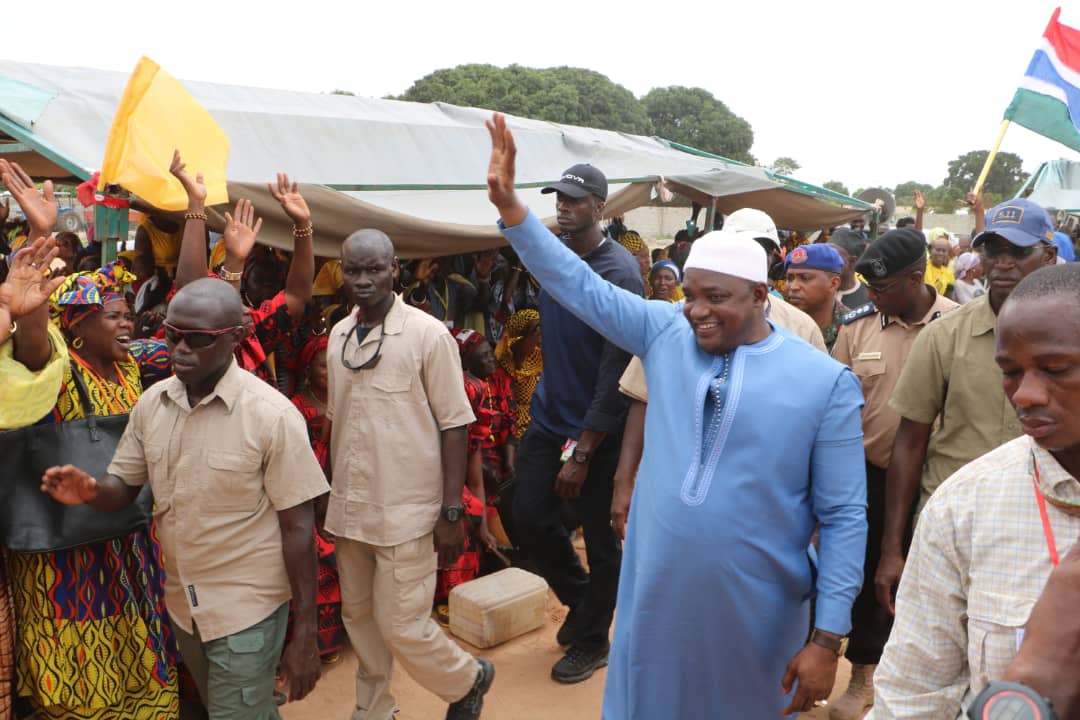 President Barrow arrives Essau for a meeting amidst a warm welcome by supporters at the start of his 2018 nationwide tour