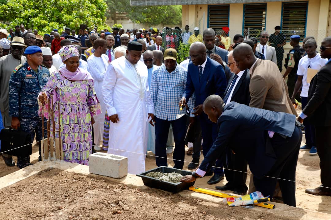 His Excellency President Adama Barrow prepares to lay the foundation stone and commissions classroom blocks at the Gambia College Campus in Brikama Saturday morning 