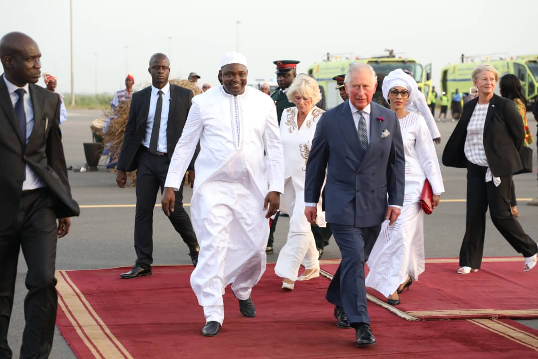 Their Royal Highnesses the Prince of Wales and the Duchess of Cornwall arrived at the Banjul International Airport Wednesday evening for a 2-day official visit welcomed by their Excellencies President Adama Barrow and First Lady Fatou Bah-Barrow 