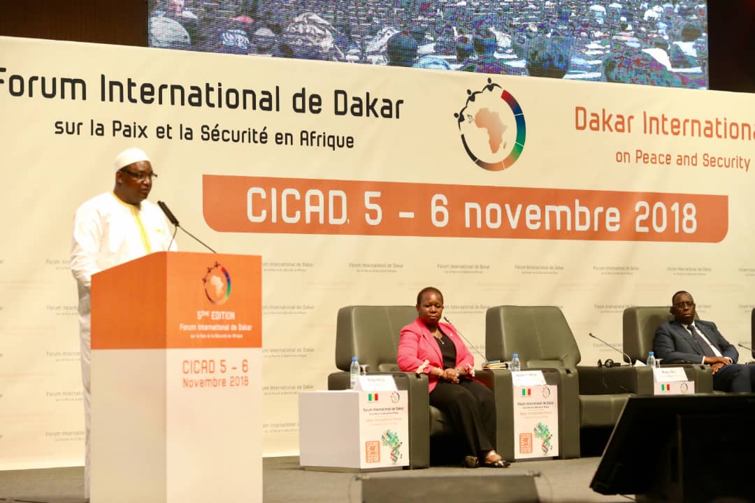 President Adama Barrow delivering a statement at the 5th Dakar International Forum on Peace and Security in Africa on the theme Peace and Security in Africa: Stakes of Sustainable Stability and Development
