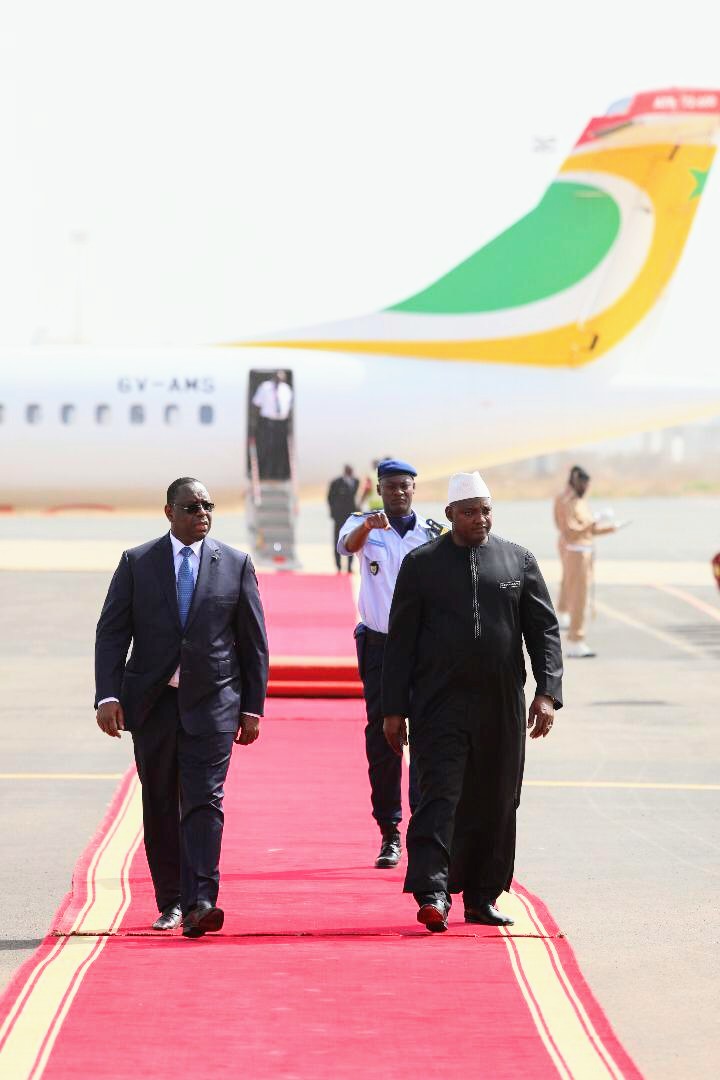 President Barrow welcomed by his Senegalese counterpart President Macky Sall upon arrival in Dakar for the Second Presidential Council Meeting 