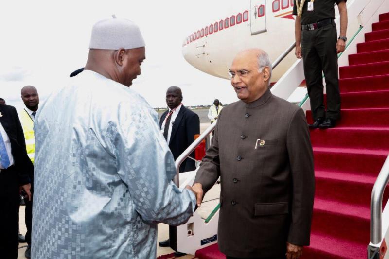 President Adama Barrow Tuesday afternoon welcomed Indian President Ram Nath Kovind at the foot of the aircraft at the start of a 2-day state visit to Banjul.