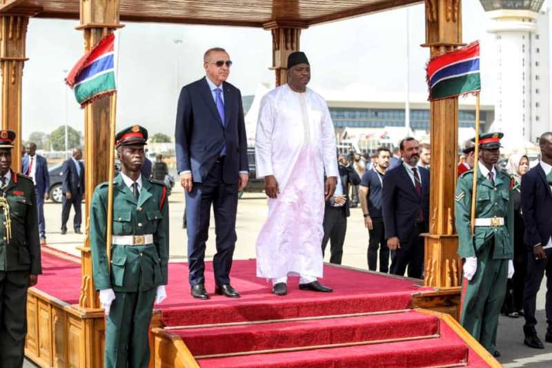 President Adama Barrow this afternoon received his Turkish counterpart His Excellency, President Recep Tayyip Erdoğan who arrived in The Gambia on a day's visit accompanied by his wife, Emine Erdoğan who was also received by First Lady Fatou Bah-Barrow  